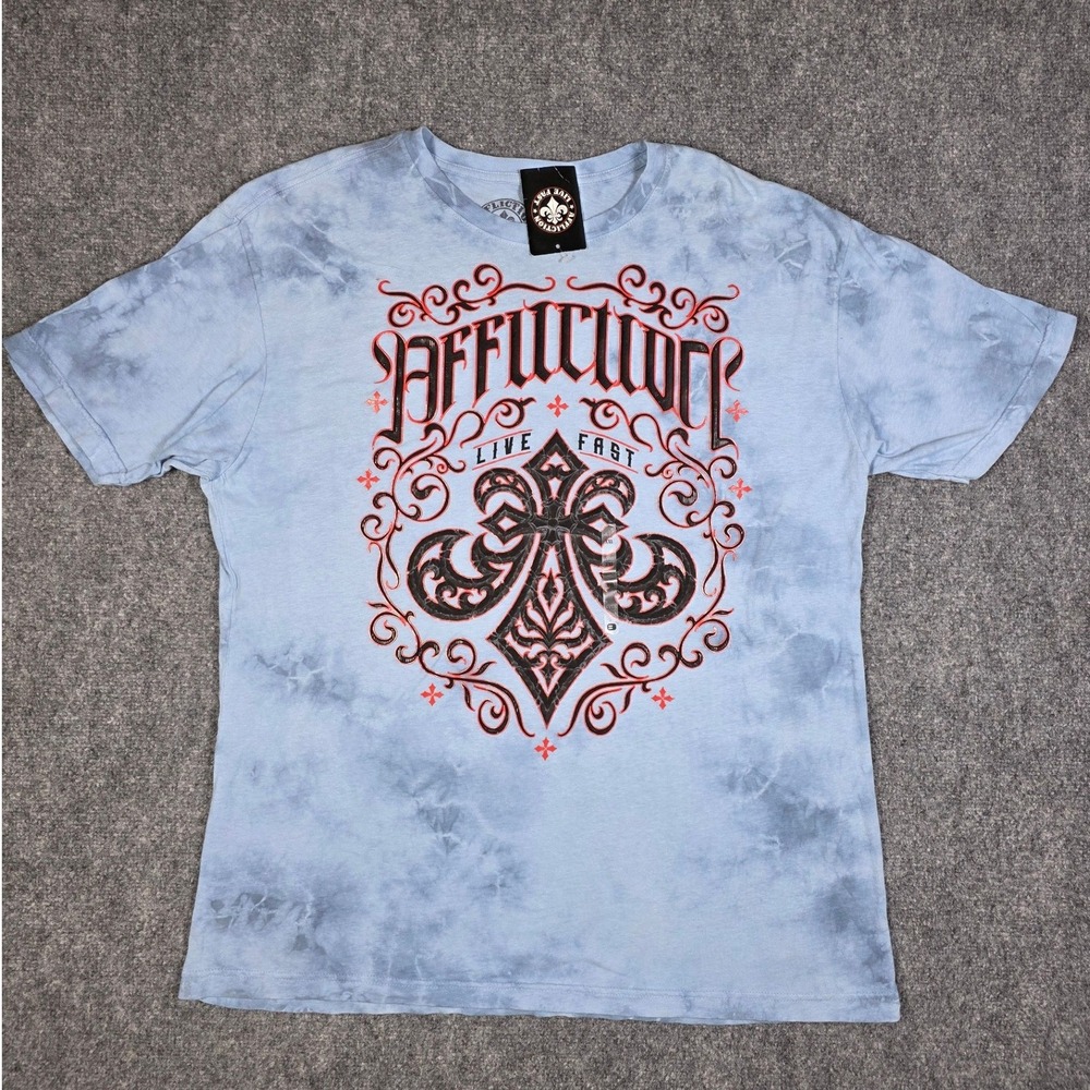 Affliction Live Fast Winter Epitaph Mens 2XL T-Shirt NWT Cross Tattoo Biker Blue